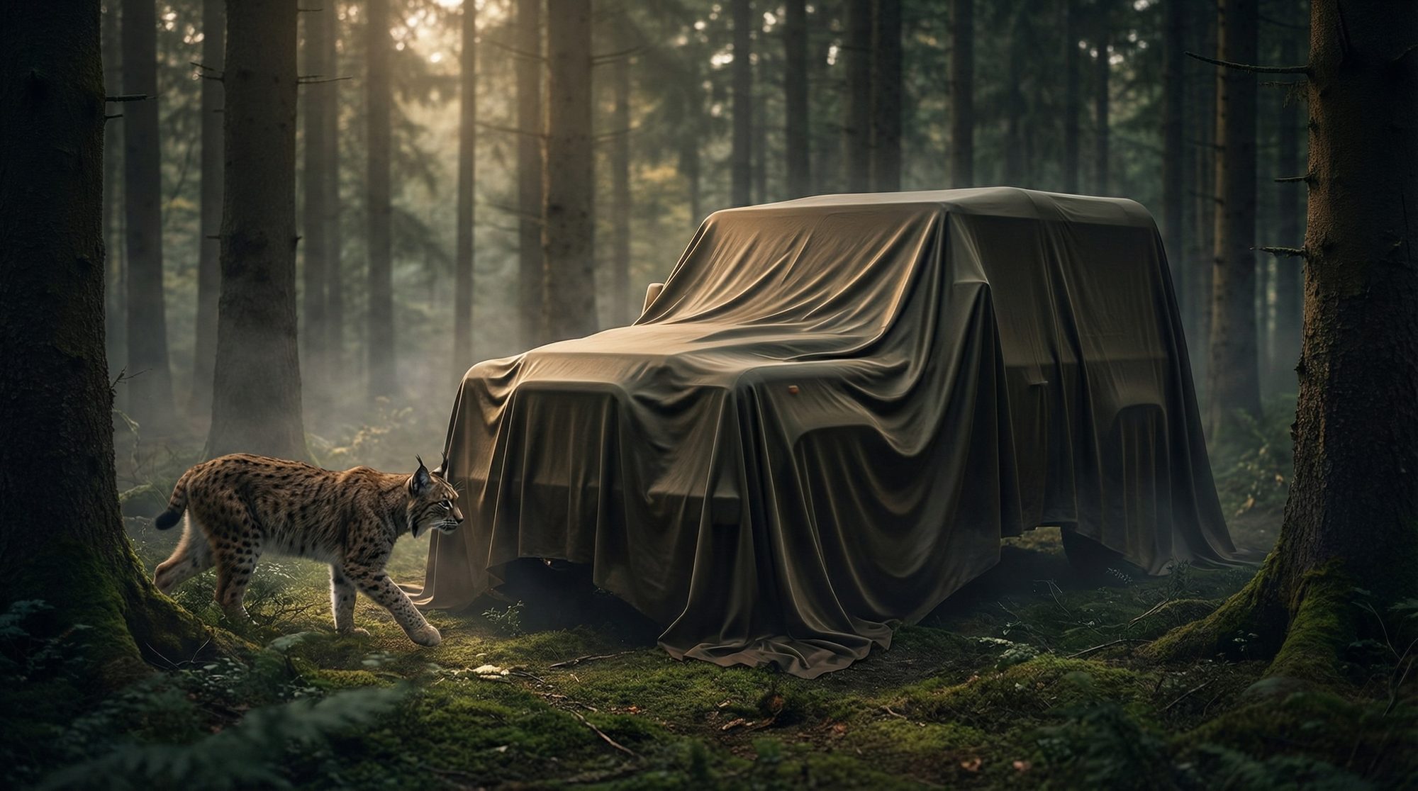 Zakrytý Defender 90 V8E5 pod plachtou v lese