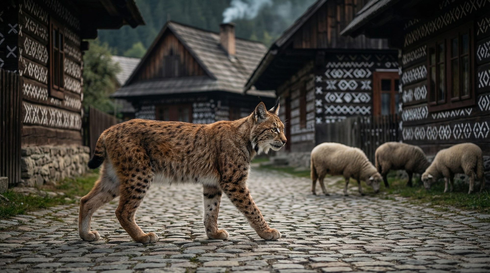 Rys pred maľovanými domami v Čičmanoch — vizuálna identita modelu Kroy